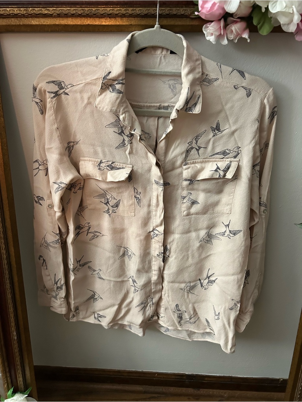 Zara Blush Bird-Print Button-Down Shirt